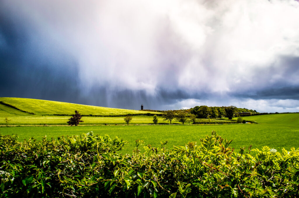 Vibrant green field and rolling hills under bright sunlight with dramatic cloudy sky wallpaper background