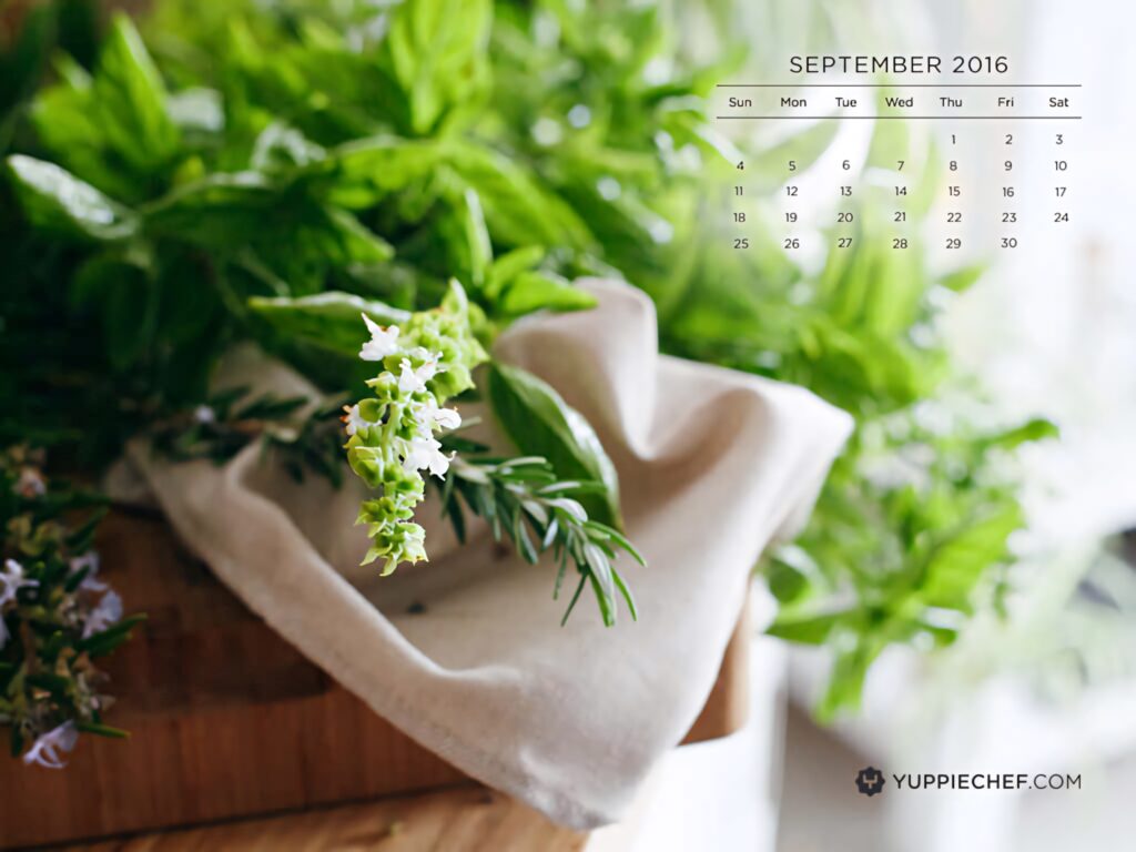 Lush green herbs basil rosemary in rustic pot on linen cloth natural light kitchen scene wallpaper