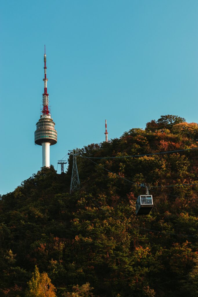 Lush green hill with dense trees modern observation tower and funicular cable car under blue sky Wallpaper