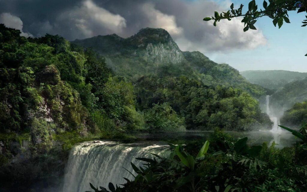 Lush green landscape with waterfalls dense forest mountains and dark clouds before rainfall wallpaper