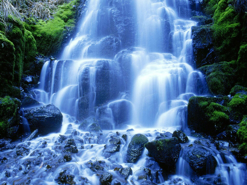 Serene 3D Wallpaper: Lush Mossy Waterfall & Vibrant Greenery