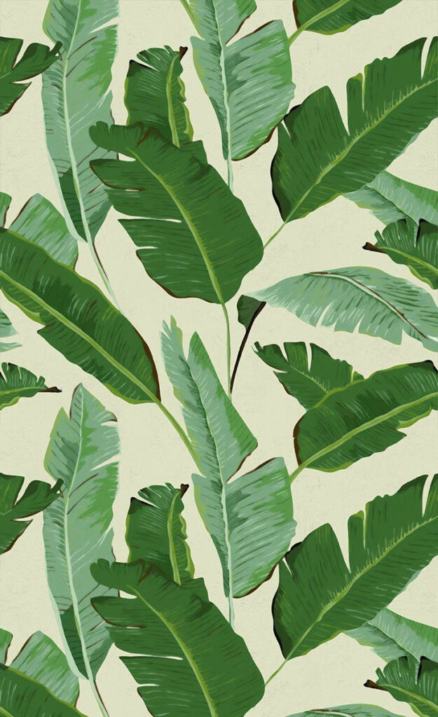 Vibrant tropical banana leaf wallpaper with lush green foliage on a light background design