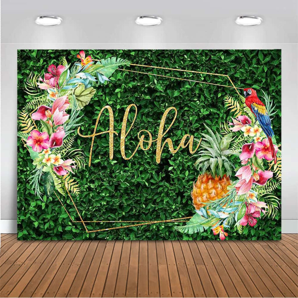 Tropical wallpaper with green leaves colorful flowers pineapple parrot and gold Aloha text centerpiece
