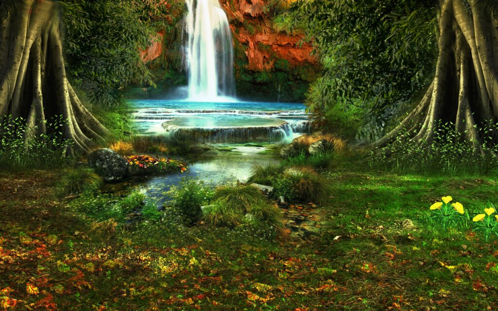 Lush forest waterfall with vibrant green trees colorful flowers and a peaceful serene pond background Wallpaper