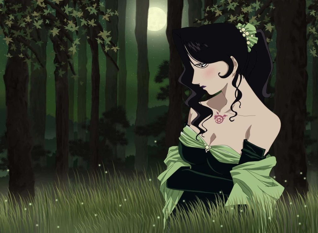 Lust from Fullmetal Alchemist in dark forest with full moon glowing fireflies digital wallpaper