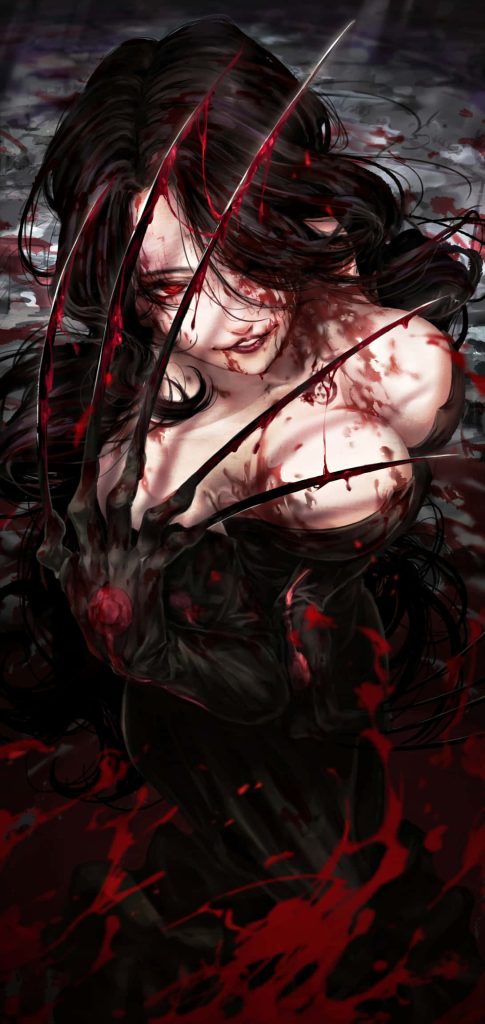 Lust from Fullmetal Alchemist with razor claws crimson eyes and black hair gothic wallpaper