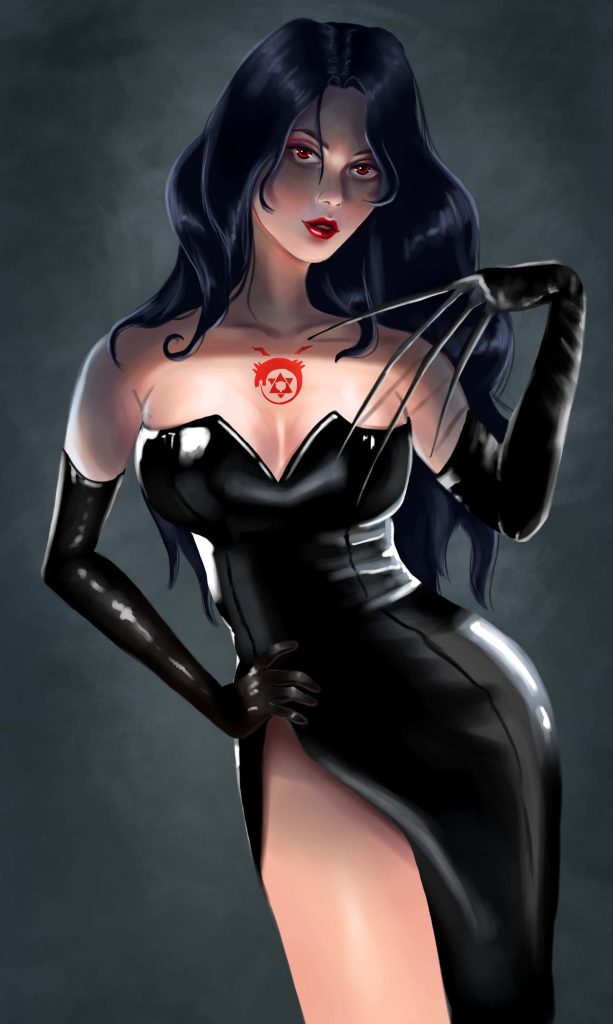 Lust from Fullmetal Alchemist digital art black gown red eyes clawed fingers dark wallpaper