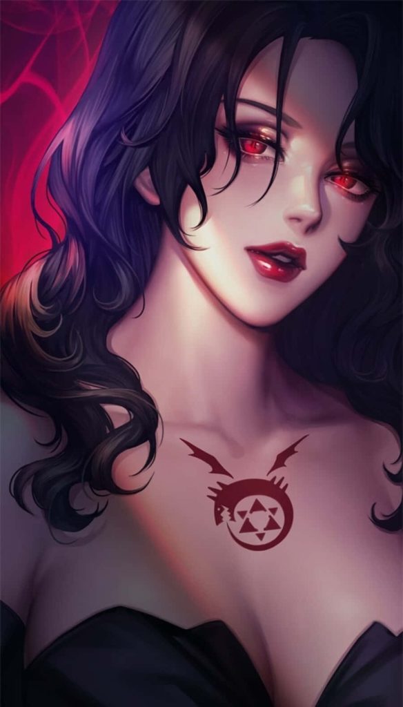 Lust from Fullmetal Alchemist digital art with red eyes dark hair Ouroboros tattoo gothic wallpaper