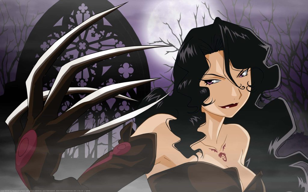 Lust from Fullmetal Alchemist with Ultimate Spear fingers and Ouroboros tattoo gothic wallpaper