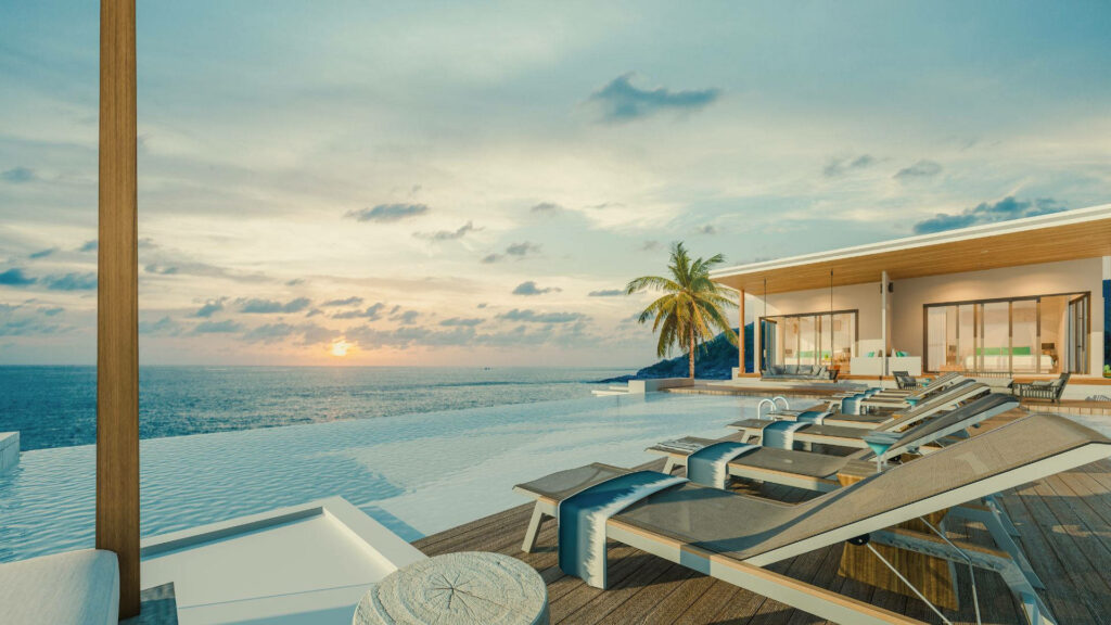 Luxurious Beach House Wallpaper with Infinity Pool at Sunset