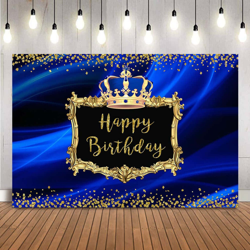Luxurious Blue & Gold Birthday Wallpaper with Regal Crown Design