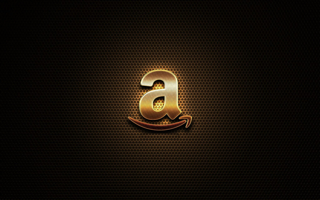 Luxurious gold Amazon logo glowing on dark honeycomb background sleek modern wallpaper