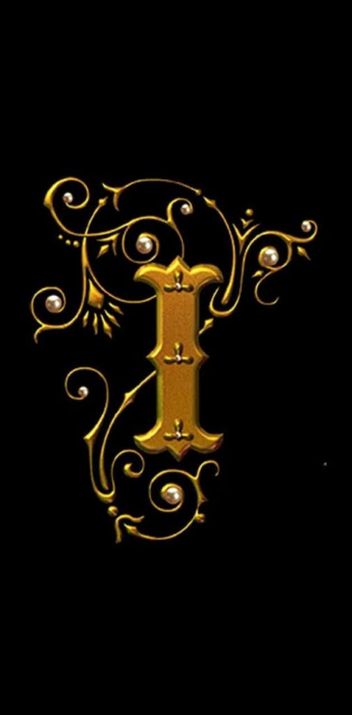 Ornate metallic gold letter I with filigree swirls and pearls on black baroque digital wallpaper