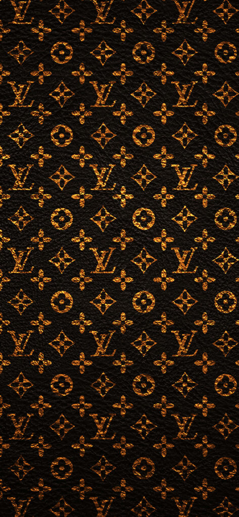 Golden brown Louis Vuitton monogram and floral motifs on textured leather iPhone wallpaper