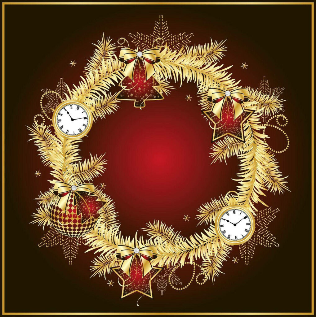 Elegant Golden Christmas Wreath Wallpaper with Red Ribbons & Clocks