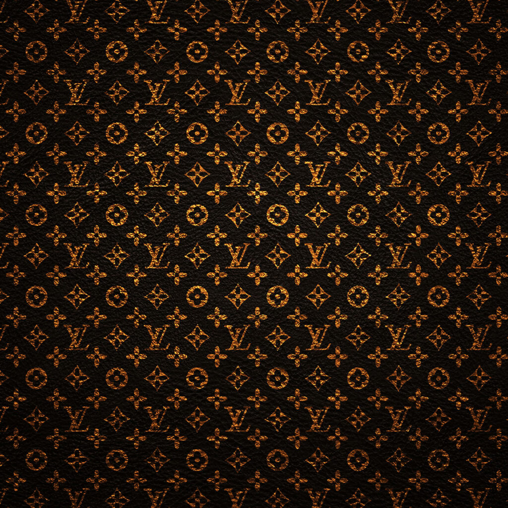 Textured Louis Vuitton wallpaper with gold LV monogram and floral patterns on dark background