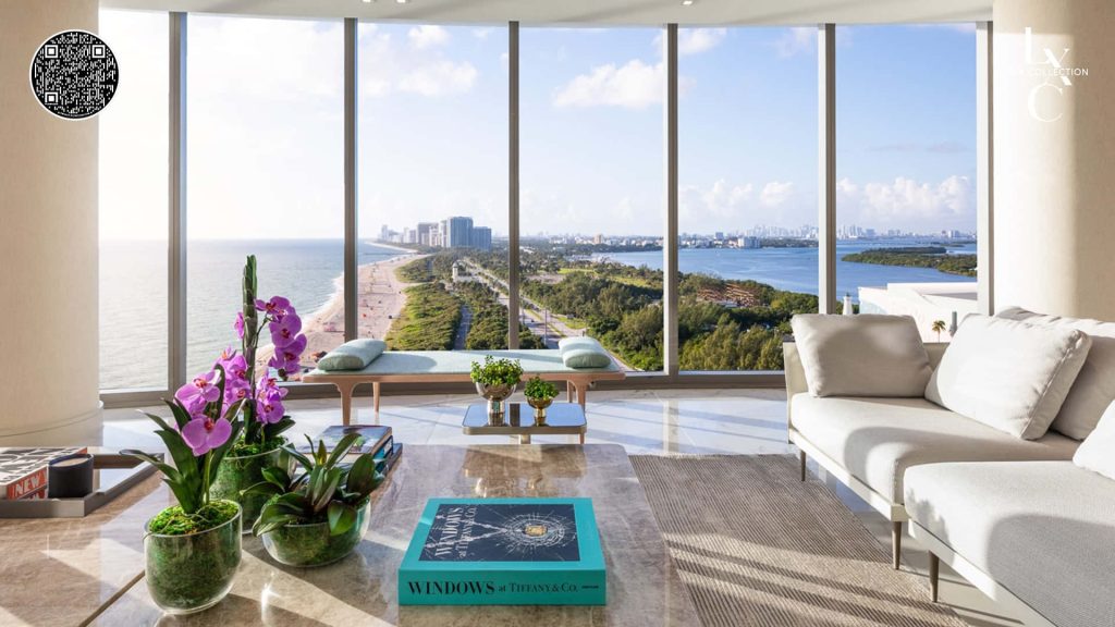 Luxurious Zoom background modern office with purple orchids and tropical coastline view at Tiffany & Co Wallpaper
