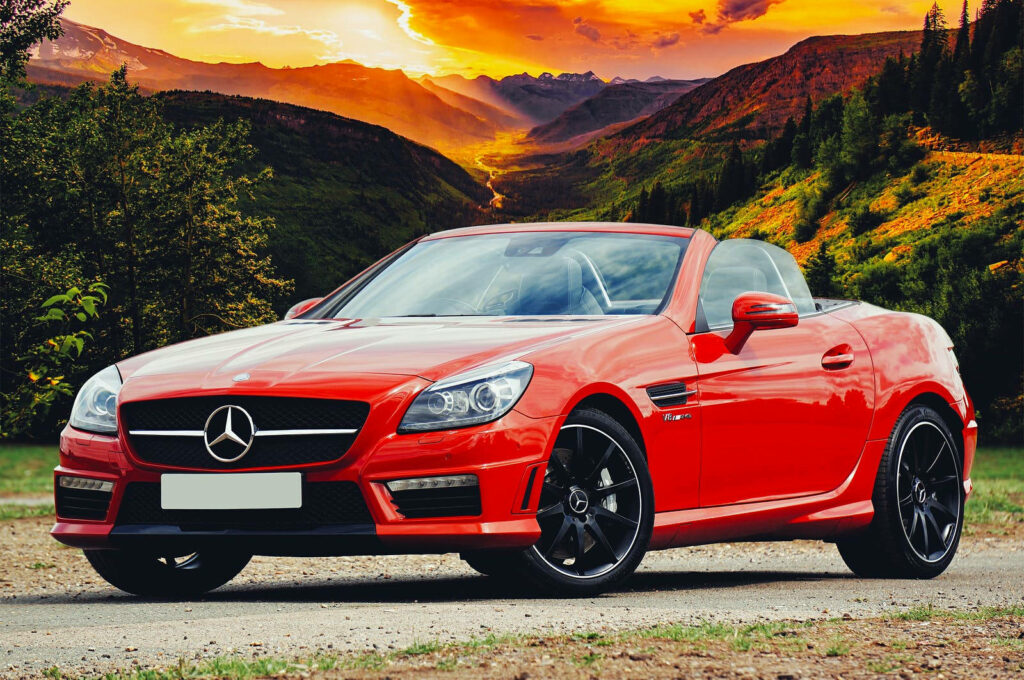 Luxurious Red Mercedes-Benz SLC Convertible Sunset Wallpaper