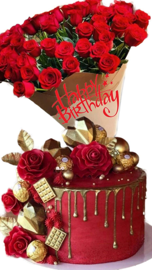 Luxurious Red & Gold Birthday Cake with Roses - Festive Wallpaper