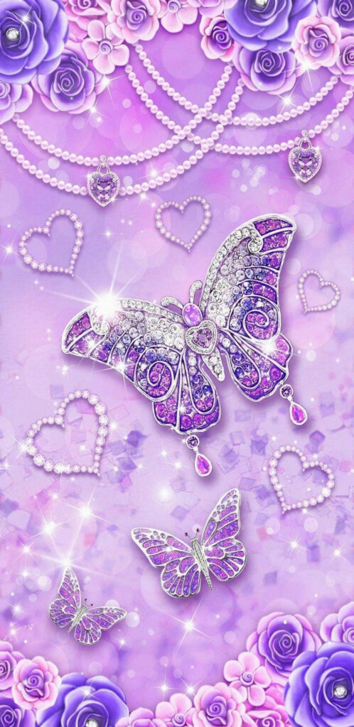 Elegant Studded Purple Butterfly Wallpaper with Gemstones & Roses
