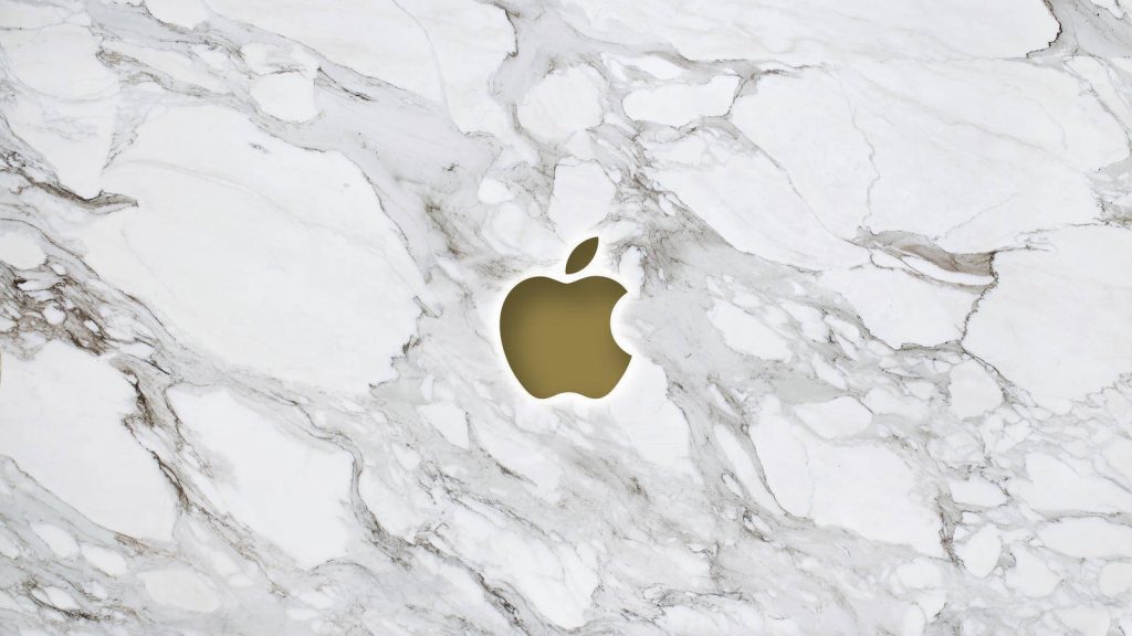 White marble wallpaper with gold Apple logo and intricate grey veining for luxury background