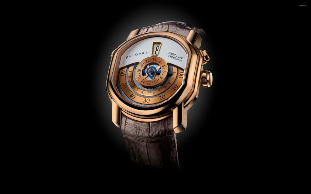 Luxurious Bvlgari gold watch with brown leather strap detailed dial on sleek black background Wallpaper