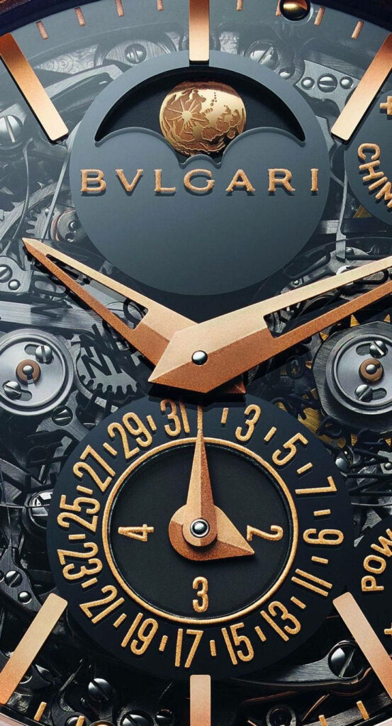 Bvlgari watch wallpaper with gold accents intricate gears and transparent dial luxury timepiece background