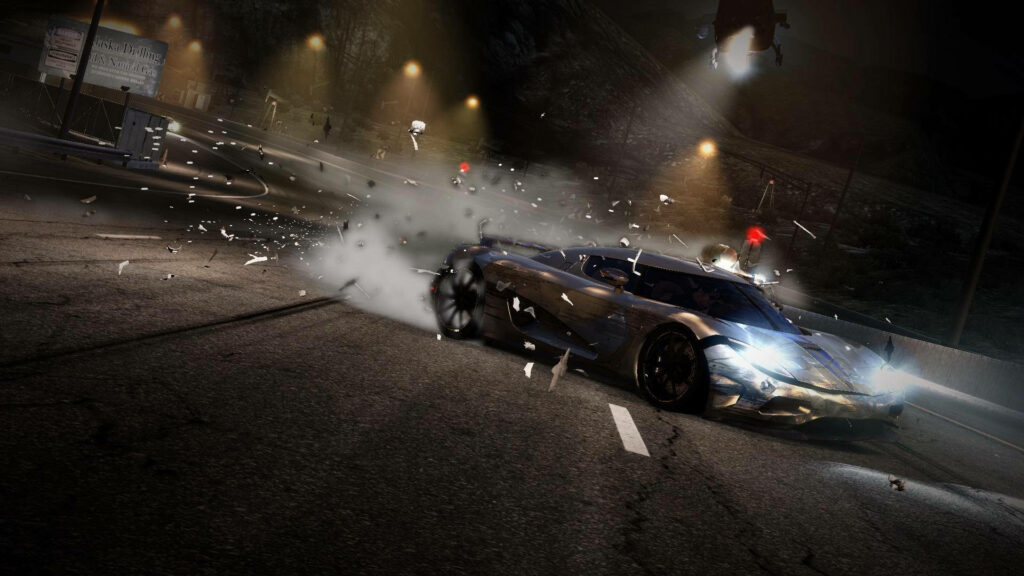 Luxury car crash on dark winding road with flying debris and intense dynamic motion impact Wallpaper