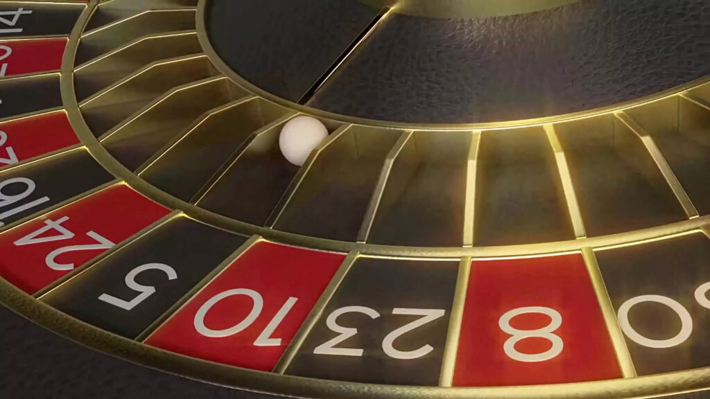 Close-up of roulette wheel with white ball in golden red slots casino luxury wallpaper background