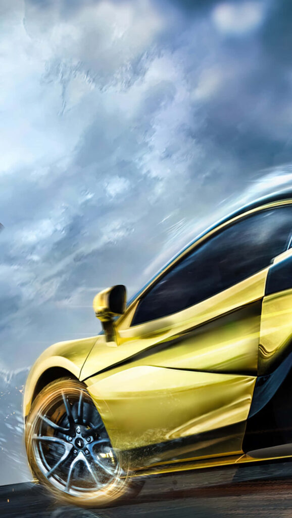 Gold sports car speeding on street shiny polished exterior luxury high performance wallpaper