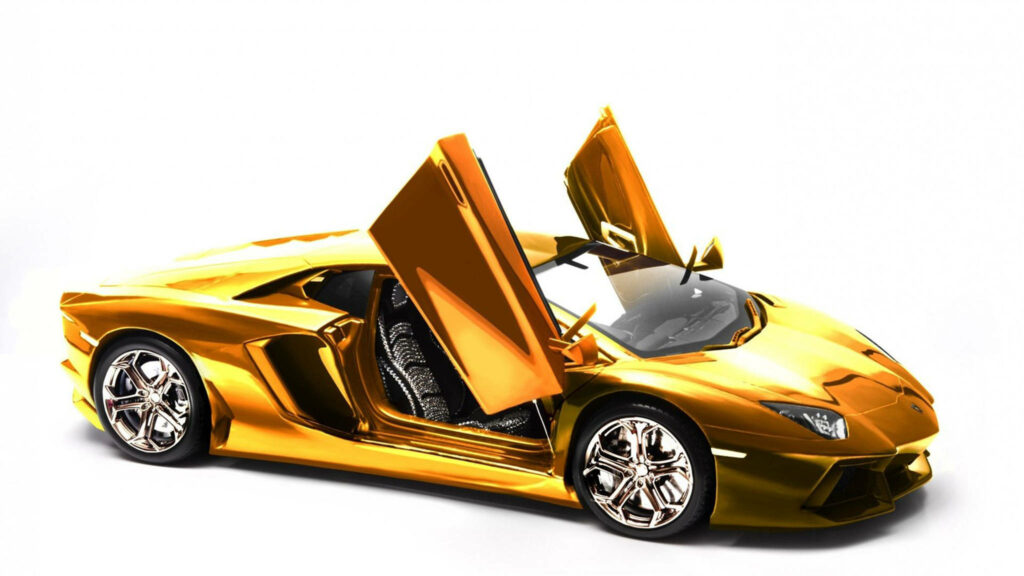 Luxury gold sports car with upward-opening doors on clean white background wallpaper