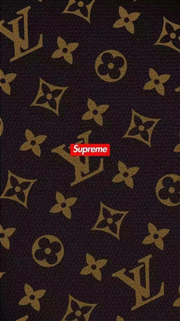 Luxury leather phone wallpaper with Louis Vuitton patterns and bold Supreme logo center design