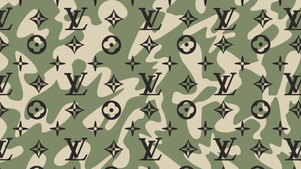 Green beige camouflage wallpaper with Louis Vuitton monogram luxury military-inspired pattern