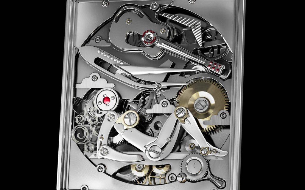 Close-up 3D luxury watch movement with silver gears golden wheels and crimson jewels on black Wallpaper