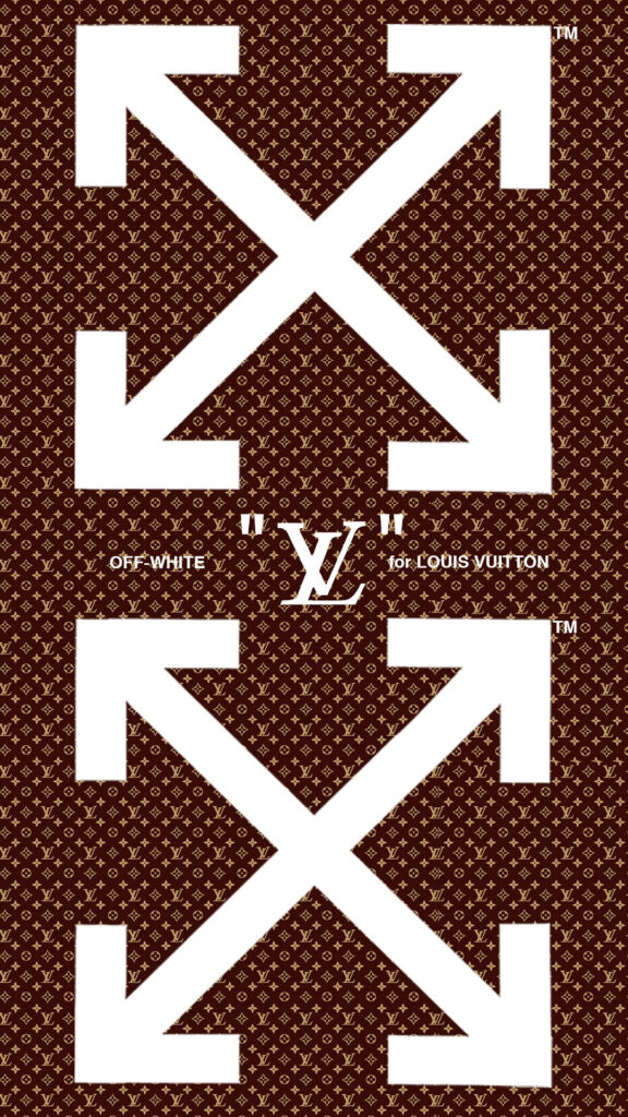 Masterful monogram wallpaper with Off-White arrows and Louis Vuitton logo on brown pattern background