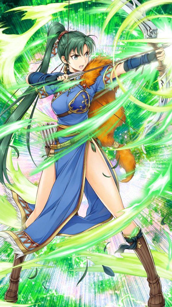 Fire Emblem Lyn anime wallpaper vibrant green energy heroic pose blue outfit fur stole