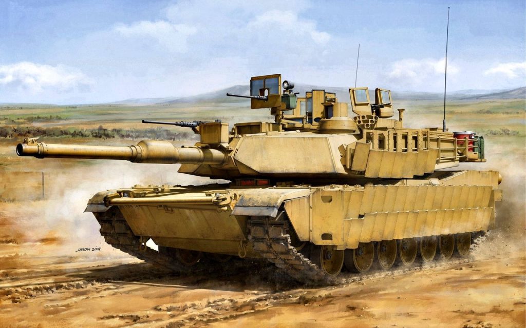 M1 Abrams TUSK tank in dusty desert digital art detailed military vehicle wallpaper background