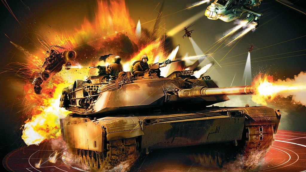 M1 Abrams tank and attack helicopter in fiery battlefield with explosions action wallpaper