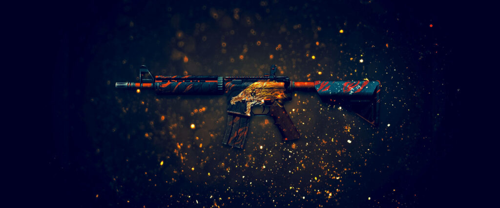 M4A4 Howling Dawn: Immersive CS GO Wallpaper with Striking Yellow-Orange Splatters on Black Backdrop