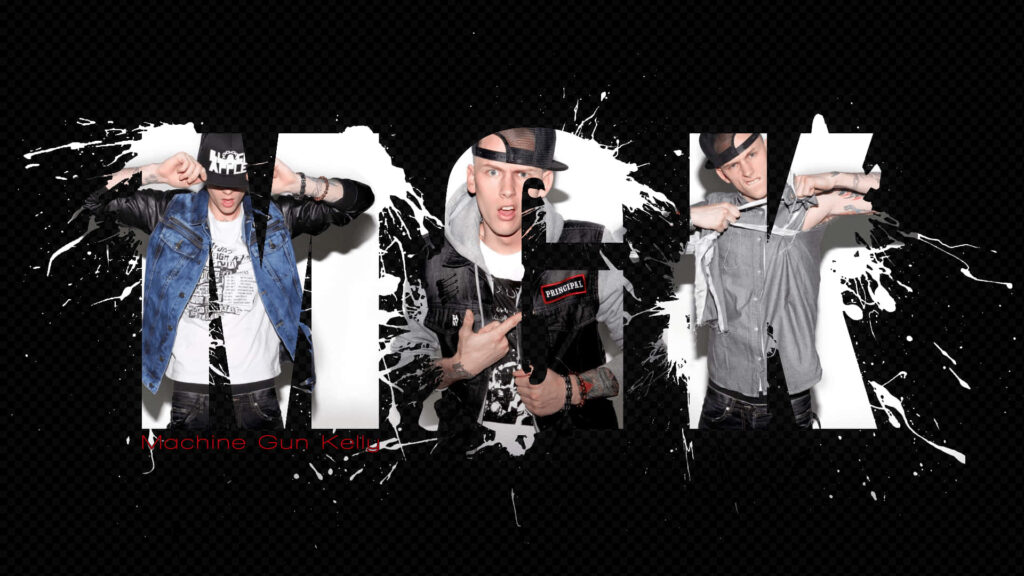 Stylish MGK Logo Wallpaper with Portraits & Dynamic Splatter Background