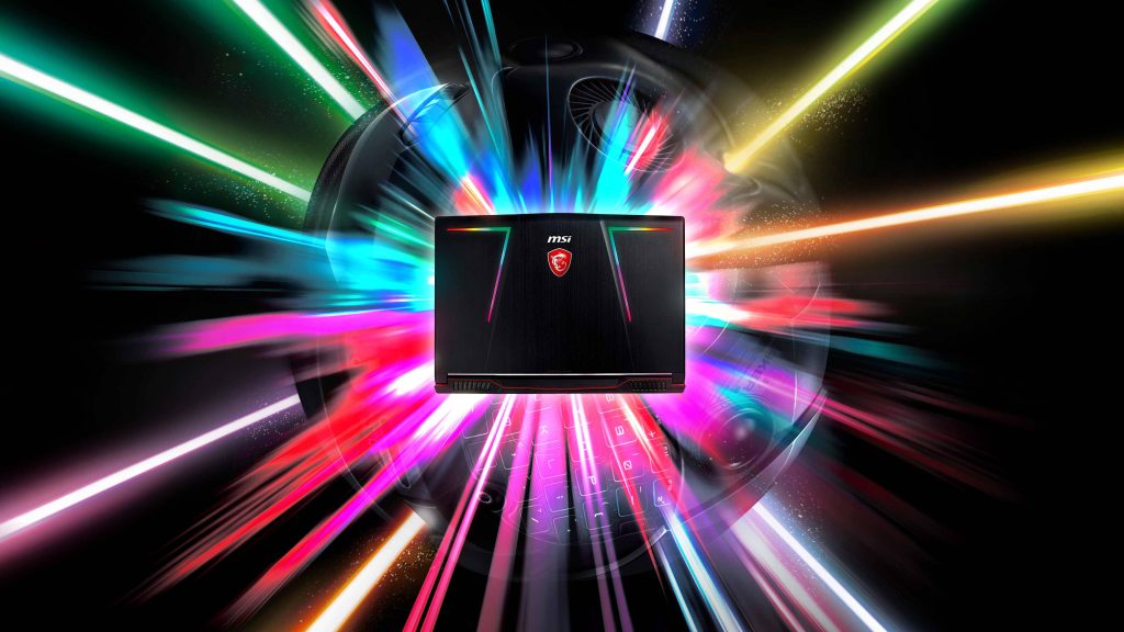 MSI gaming laptop 4K wallpaper with vibrant rainbow RGB light streaks high-tech design background