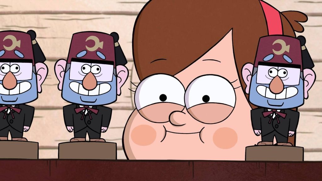 Close-up of Mabel Pines with Grunkle Stan action figures vibrant Gravity Falls wallpaper background