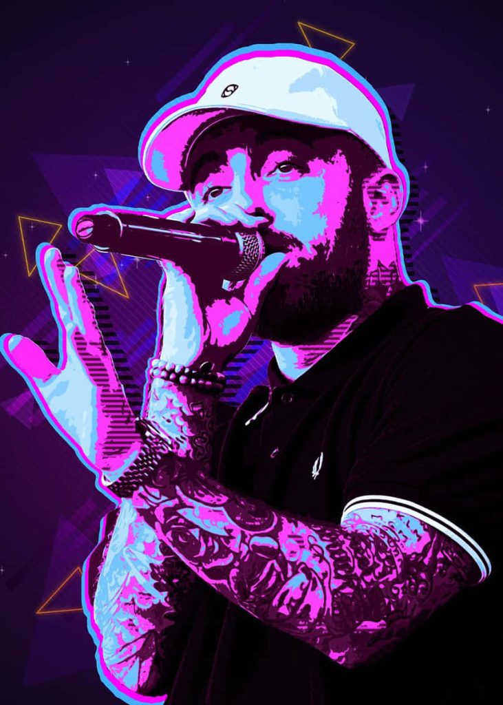 Vibrant digital art of Mac Miller with neon purple cyan tattoos and cap on geometric backdrop Wallpaper