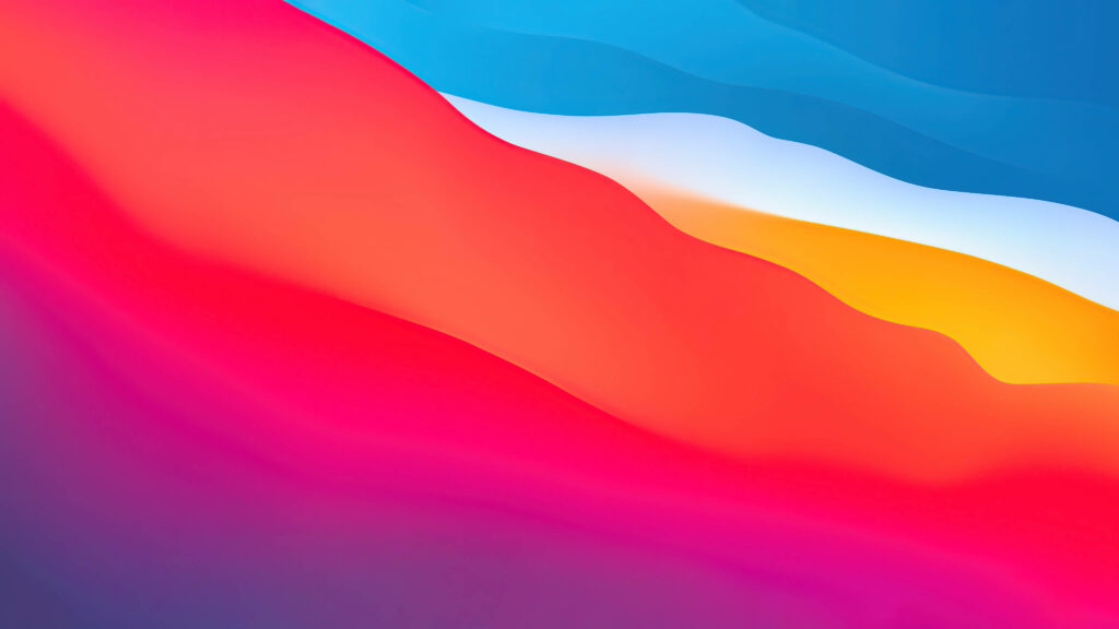 macOS Big Sur wallpaper with vibrant abstract waves in blue white yellow and deep red gradients