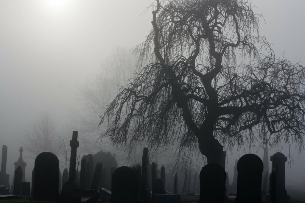 Eerie Enclave: A hauntingly beautiful depiction of a dimly lit cemetery Wallpaper