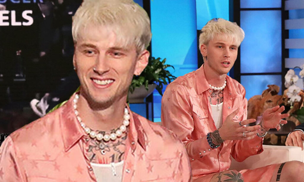 Machine Gun Kelly in Pink Outfit with Pearl Necklace on Ellen Show Wallpaper