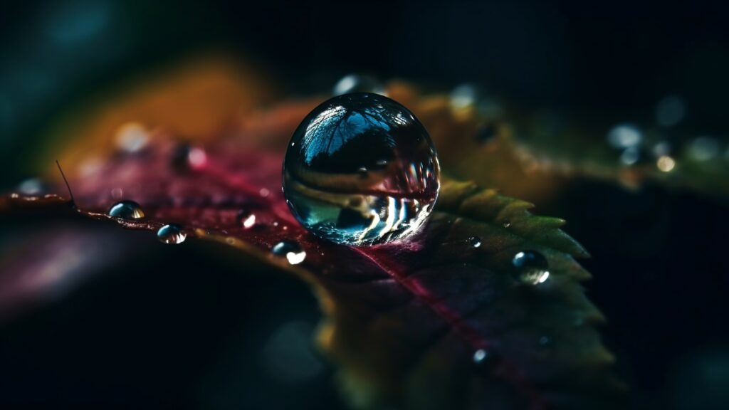 Colorful Leaf Water Droplet: Intricate Reflections Wallpaper Background