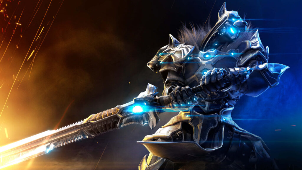 Macros Unleashing His Sword in Vibrant Orange-Blue Setting: Godfall's 4k Game Masterpiece Wallpaper