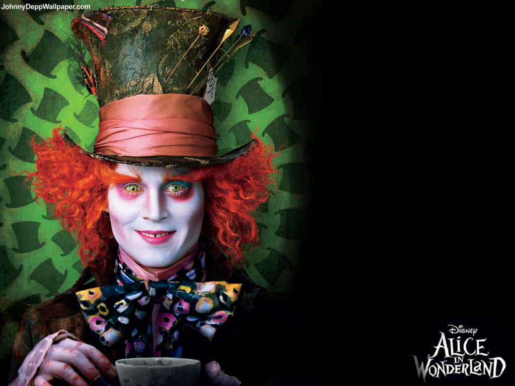 Mad Hatter Alice In Wonderland wallpaper green patterned background whimsical fantasy art