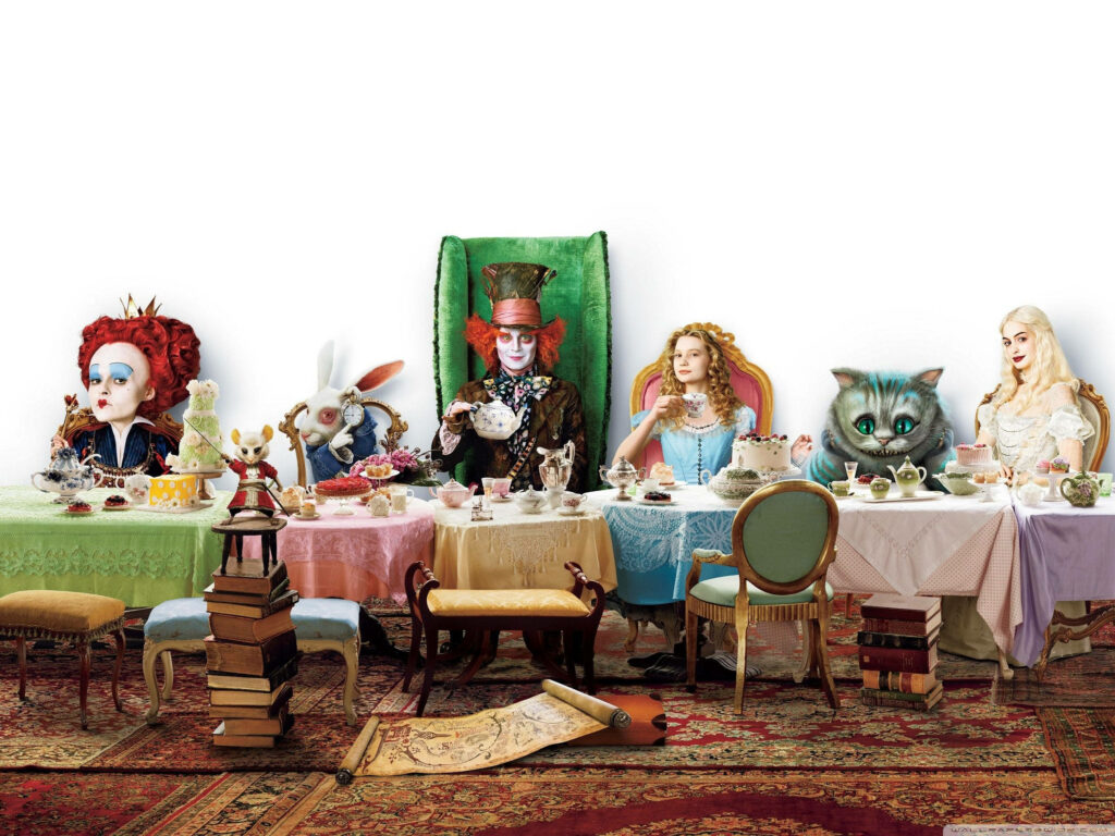 Mad Hatter tea party with Alice and Wonderland characters colorful whimsical wallpaper background